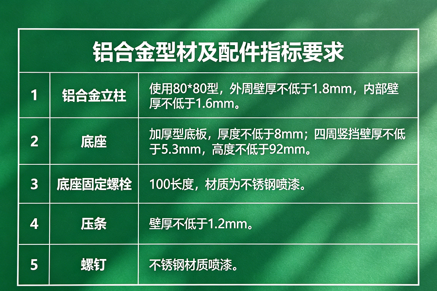 101维景塑木围栏铝合金型材及配件指标要求表